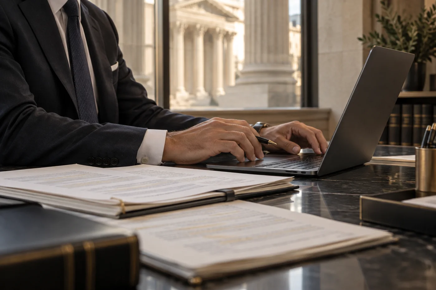 Profissional jurídico usando um notebook em um escritório