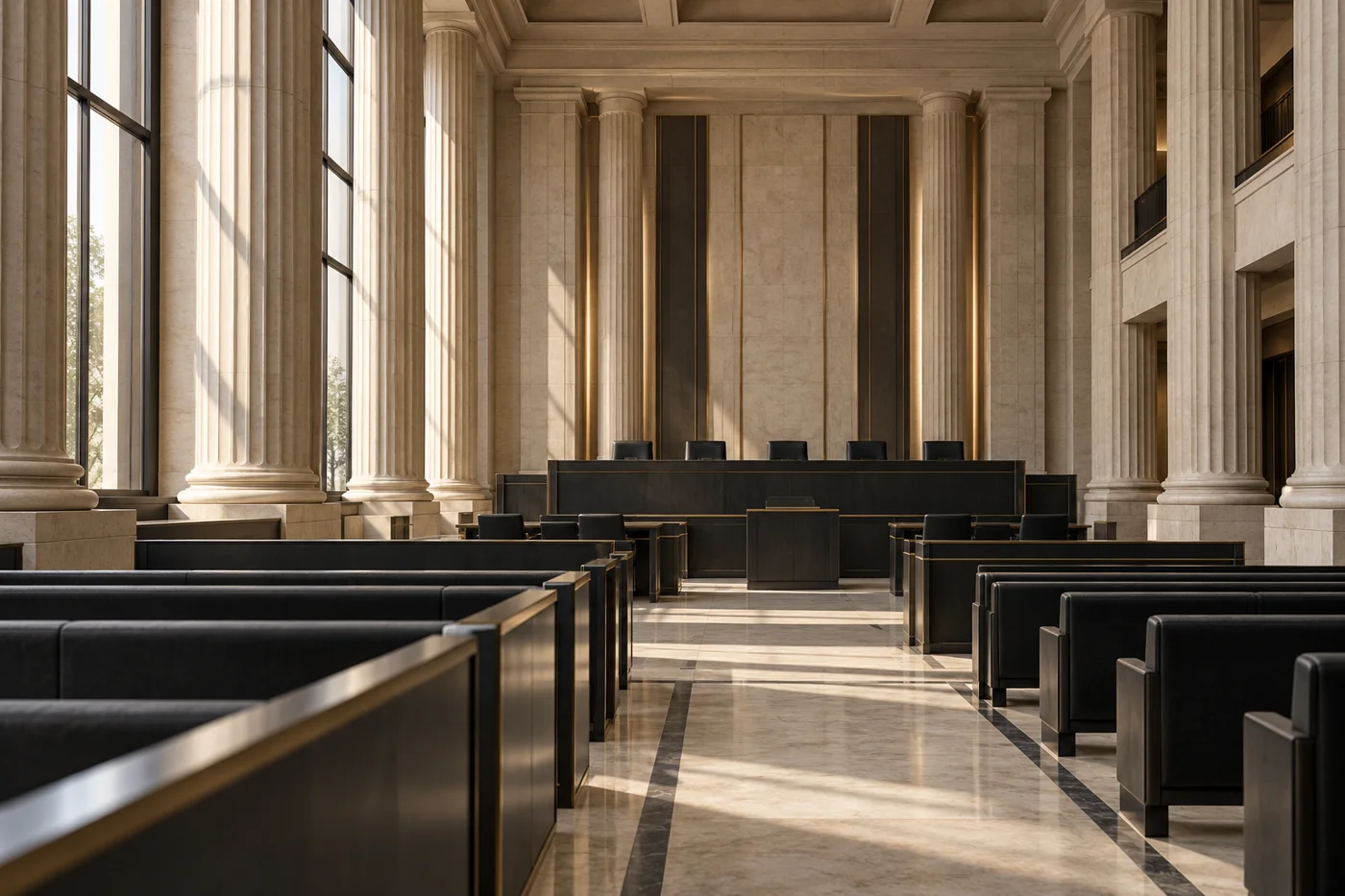 Tribunal com colunas clássicas e assentos escuros